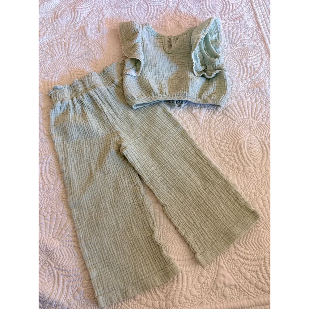 Little Girls Matching Waffle Knit Pant Set, Rachel Zoe, Green White, Size 4T
